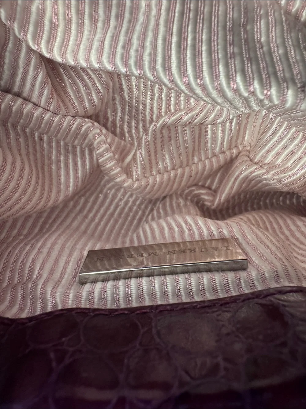 Vintage Y2K Lauren Merkin Patent Croc-Embossed Clutch in Burgundy